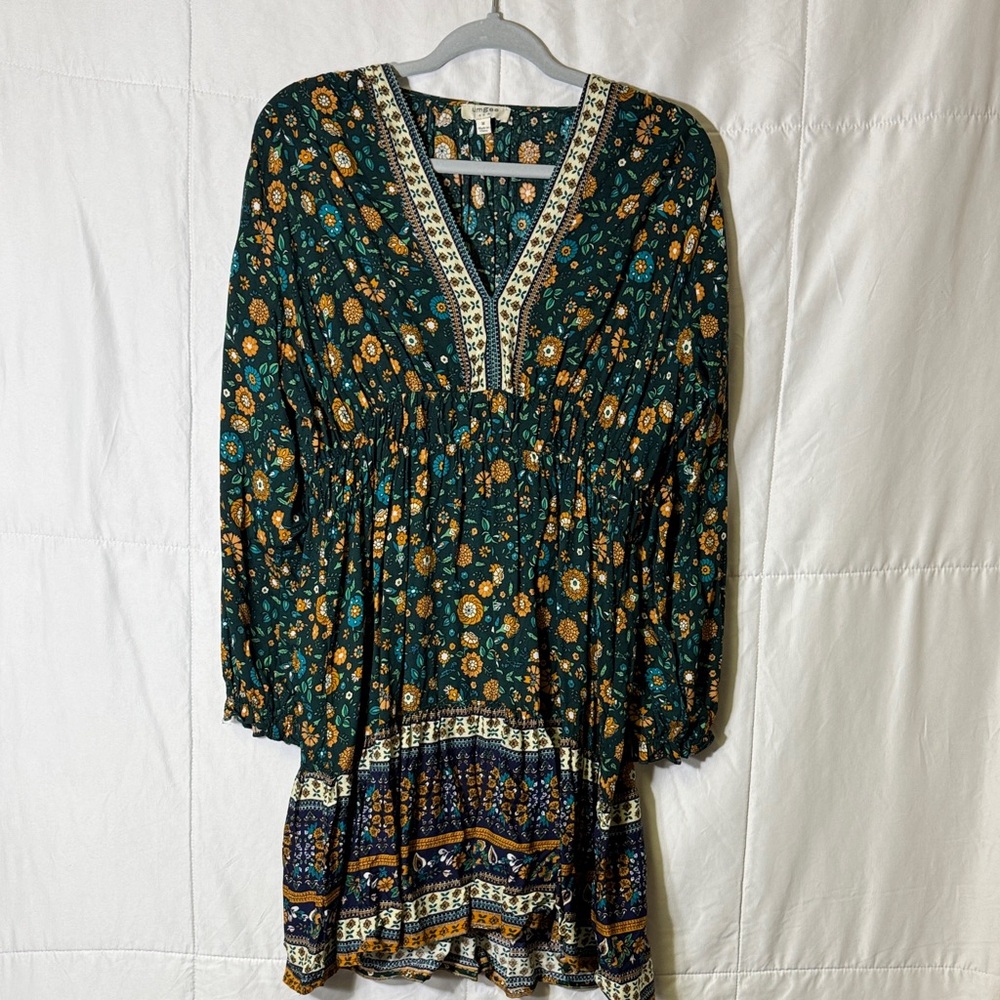 Umgee Boho Floral Long Sleeve Dress‎ Size M Green V-Neck
